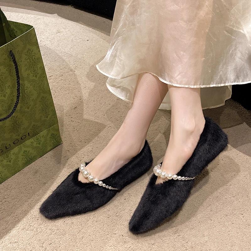 Fashion Pearl Beaded Fur Pointed Toe Flats Leopard Cotton Boots Winter Fashion New Short Plush Shallow Warm Shoes 2025 Trend Snwo Botas