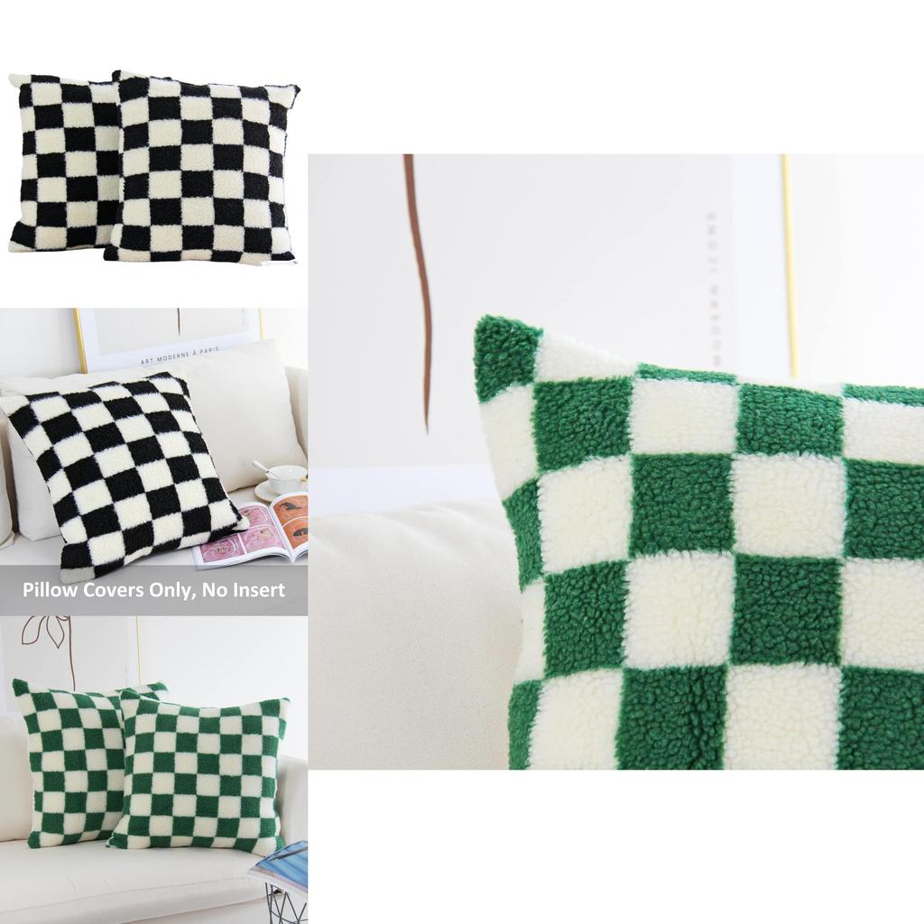 Geometric Checkered Sherpa Fleece Pillow Covers For Sofa Living Room Home Decor