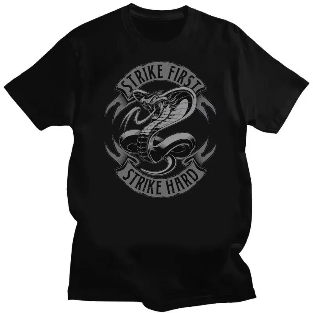 Vintage  T Shirt Men Tshirt Unique Tee Short Sleeved Karate Kid Strike First Strike Hard No Mercy Tops Ropa Hombre