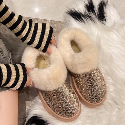 Botas de Nieve con Lentejuelas Brillantes de Moda para Mujer Suela Gruesa Antideslizante Botines de Piel Mujer Zapatos de Algodón Cortos de Felpa Talla 42