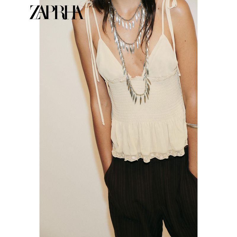 Zaprha 2025 Summer New Island Beautiful Beige Honeycomb Grid Patchwork V-neck Sling Top 0881010