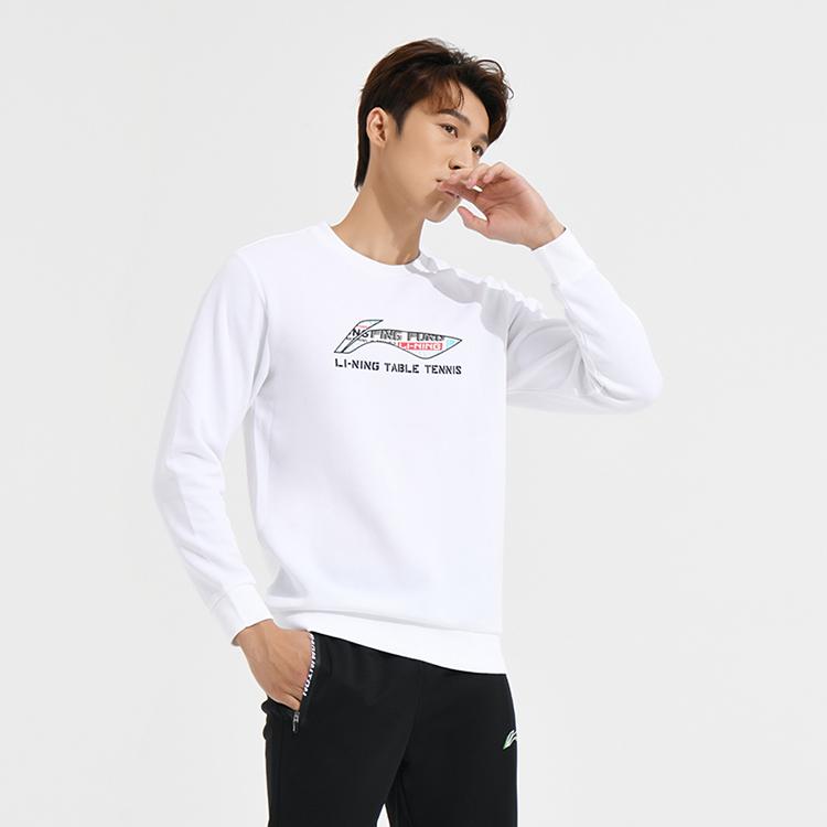 Li-Ning Ping Pong Series Solid Color Letter Logo Print Pullover Casual Crew Neck Sweatshirt Unisex Tops White AWDT281-1