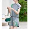 Summer Women Denim Two Piece Set Vintage Embroidered Wide Leg Shorts Chinese Fashion