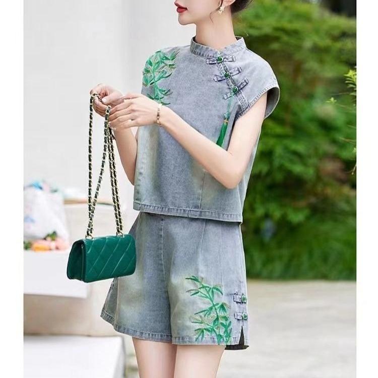 Summer Women Denim Two Piece Set Vintage Embroidered Wide Leg Shorts Chinese Fashion