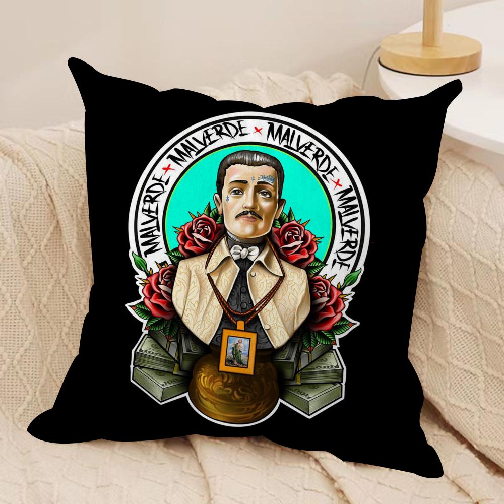 J-Jesus Malverde Cushion Cover Soft Plush Fabric Double-Sided Printed Sofa Cushion Cover for All Seasons Home Decor Gift