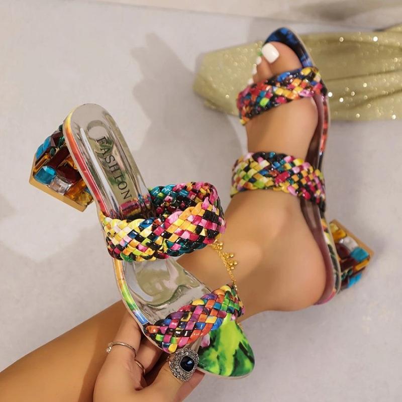 Elegante Kleurrijke Geweven Hoge Hak Sandalen voor Dames met Strass Accenten, Open Teen Zomer Slip-Ons Afwerkingsschoenen, Riem Sandalen 40 brown