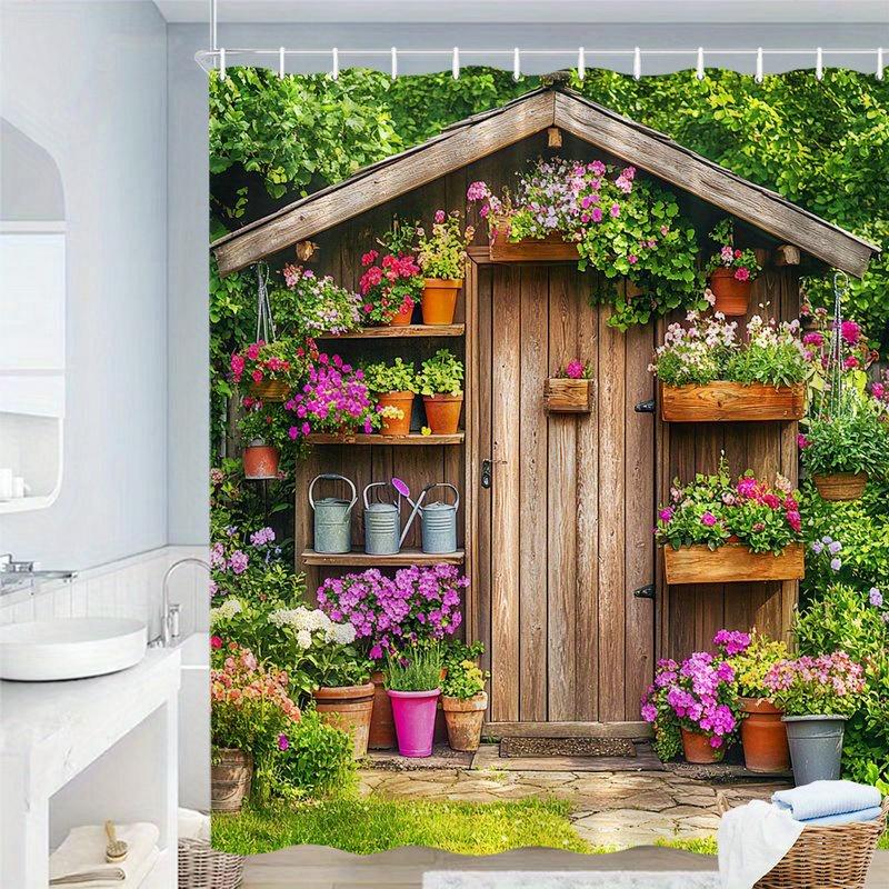 1pc Rustic Wooden Shed Shower Curtain with Colorful Flower Pots - Lush Pink, Purple, Red Flowers & Green Forest Background