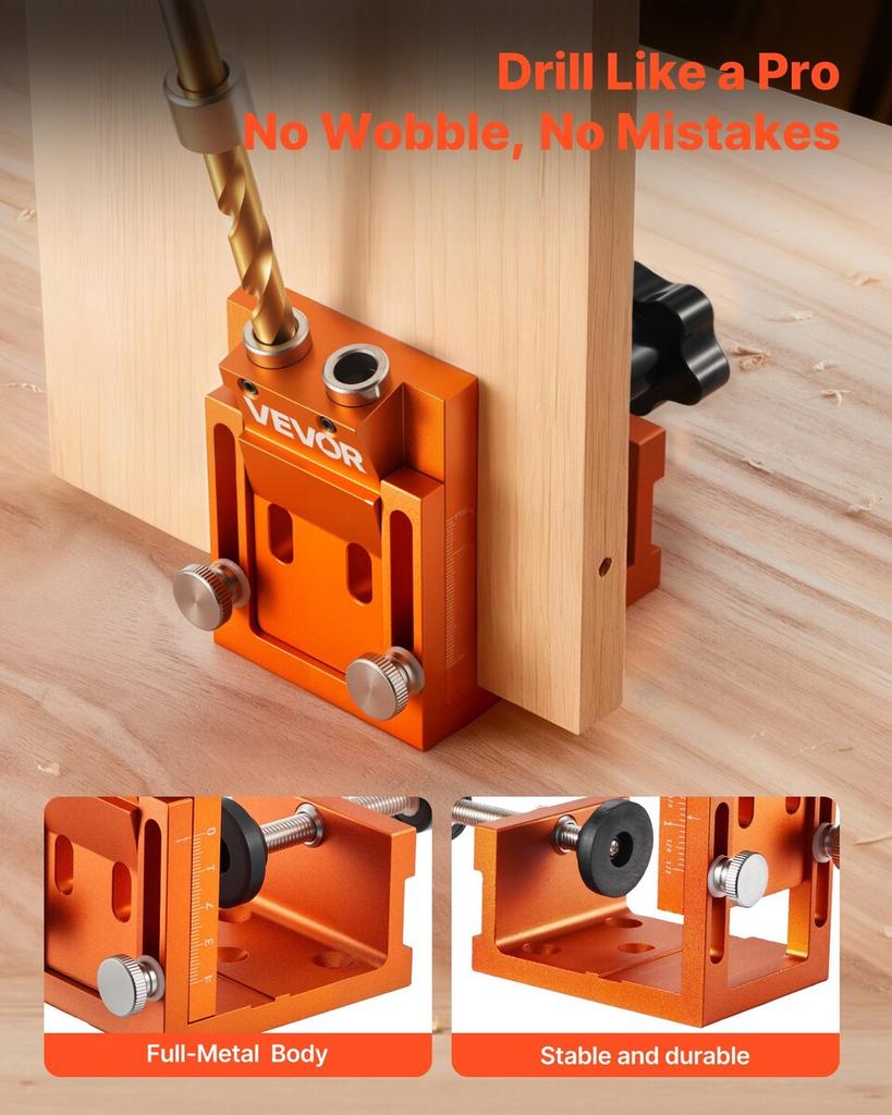 Pocket Hole Jig Kit, 12 Mm To 48 Mm Adjustable, Jig Pocket Hole System with Step Drill, Hex Wrench, Drill Stop Ring, Square Drive Bit, Plugs and