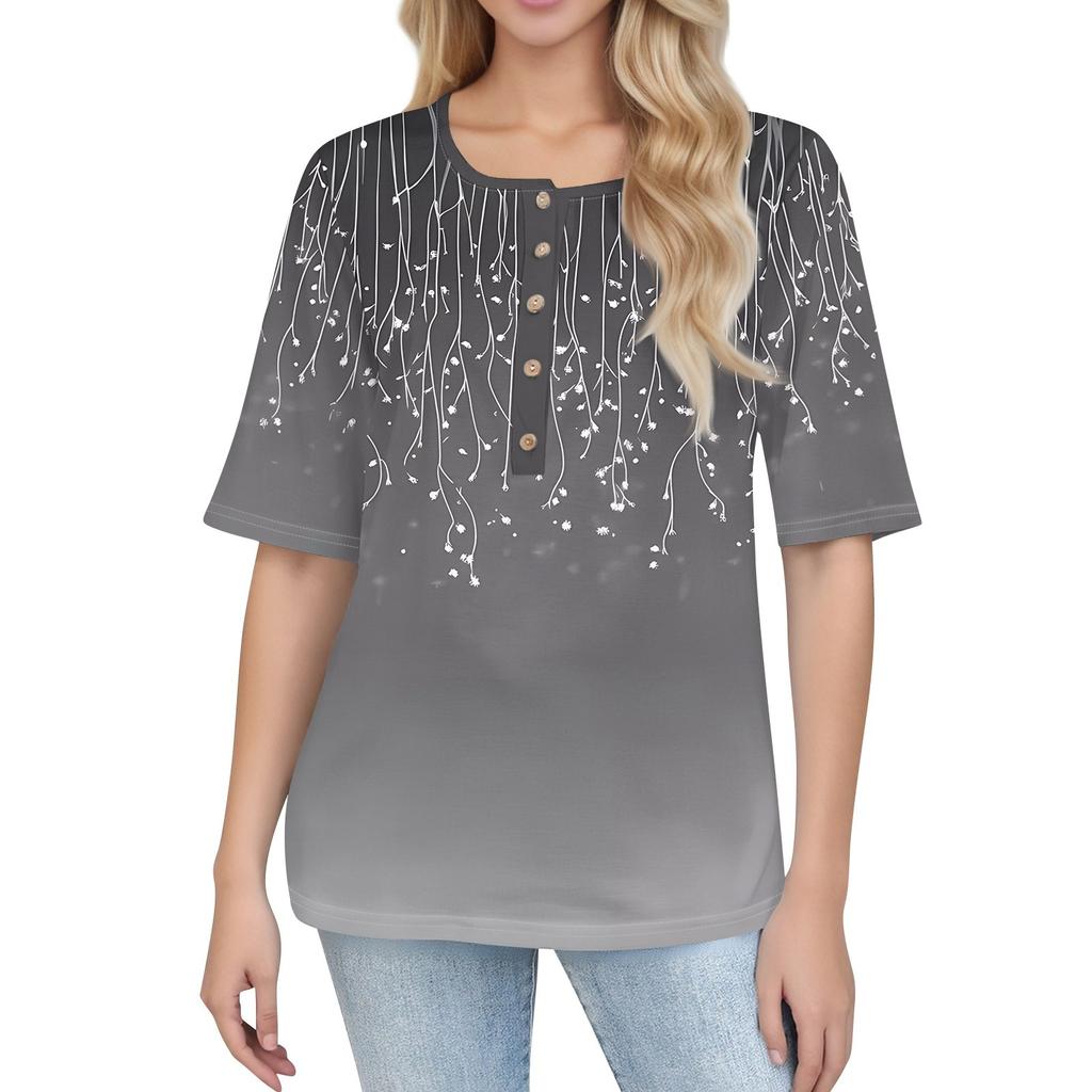 Shirts For Women Trendy Round Neck Button T Shirts Printed  Blouse Half Sleeve Tops For Women