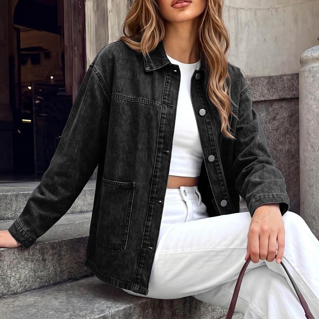 Women's Casual Loose Fit Denim Jacket with Lapel Collar, Drop Shoulder, Long Sleeve, Single Breasted, Two Large Patch Pockets