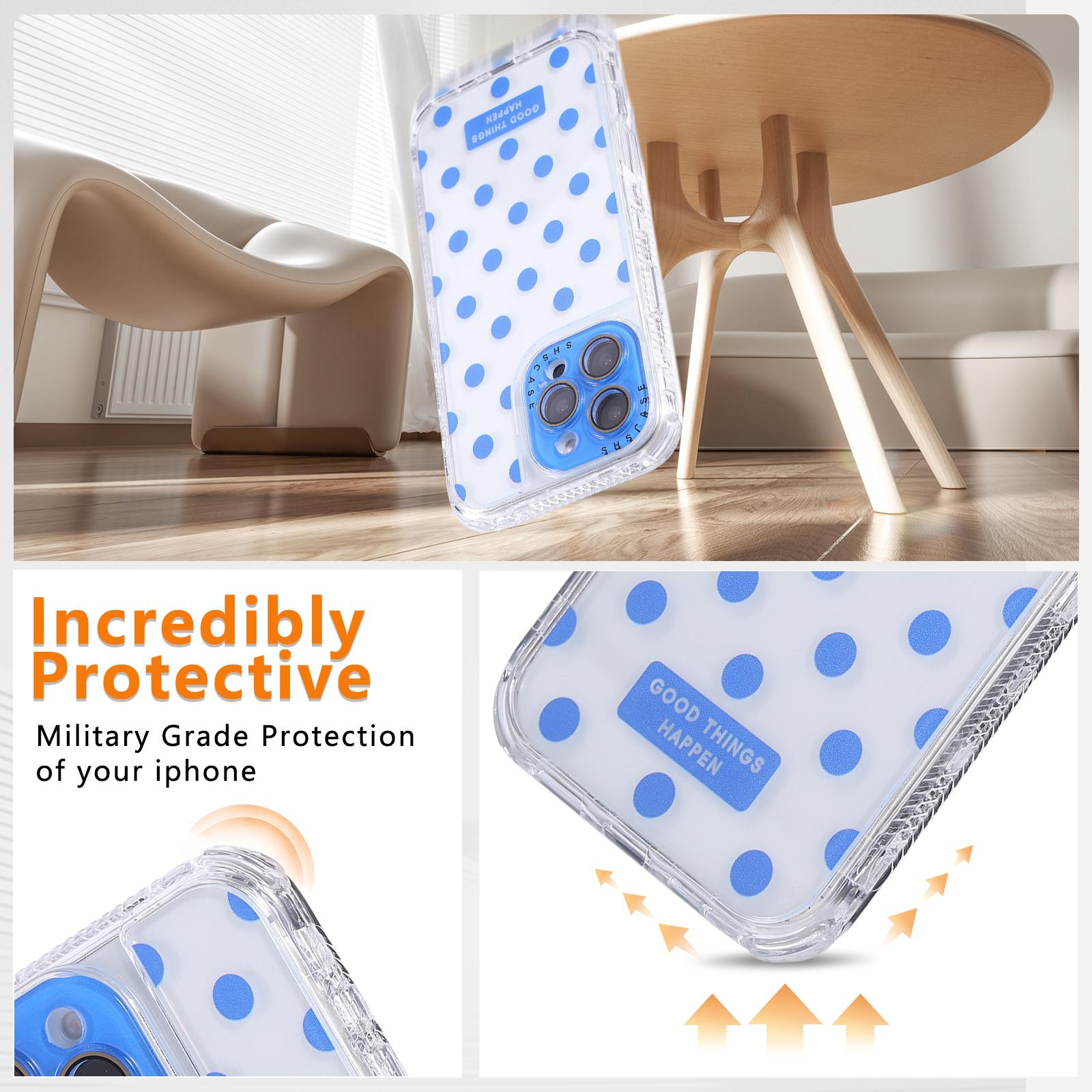 

For iPhone 16 Pro Max Case Polka Dot Pattern PC+TPU Phone Cover with Lens Film White