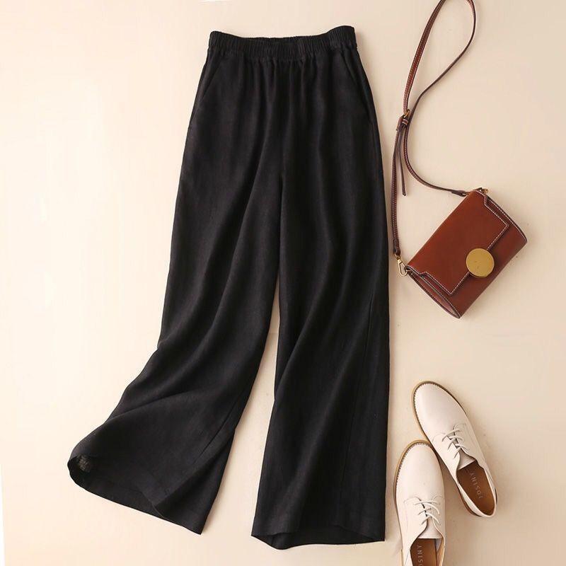 Pantaloni Estivi da Donna Cotone Lino Vita Elastica Gamba Larga Casual Leggeri Monocolore Palazzo Pantaloni Donna Fondo