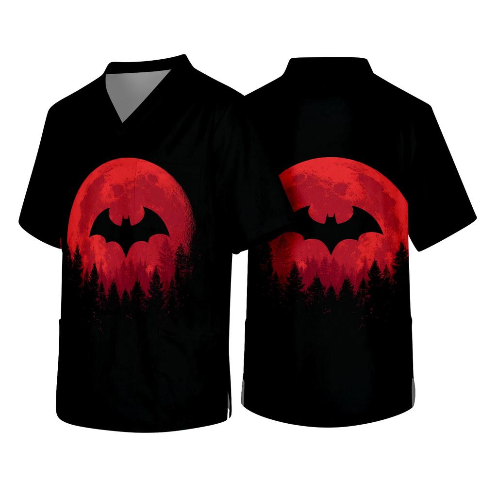 Men V Neck Short Sleeve Halloween Print Top with Chest Pocket for Healthcare Workers Comfortable Fit Scrub Shirt