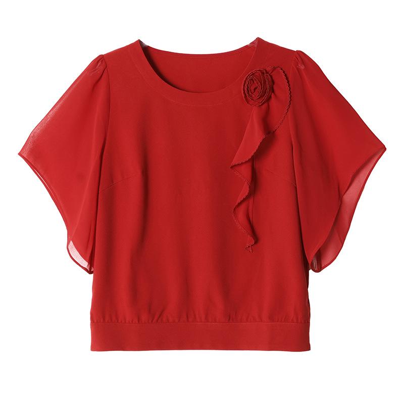 2025 Summer Chic Chiffon Blouse: Women's Floral Short-Sleeve Top
