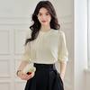 Autumn Fashion New 2024 Long Sleeve Beading O-Neck Apricot  Chiffon Blouse Shirt Women Tops Blouses Shirts J419