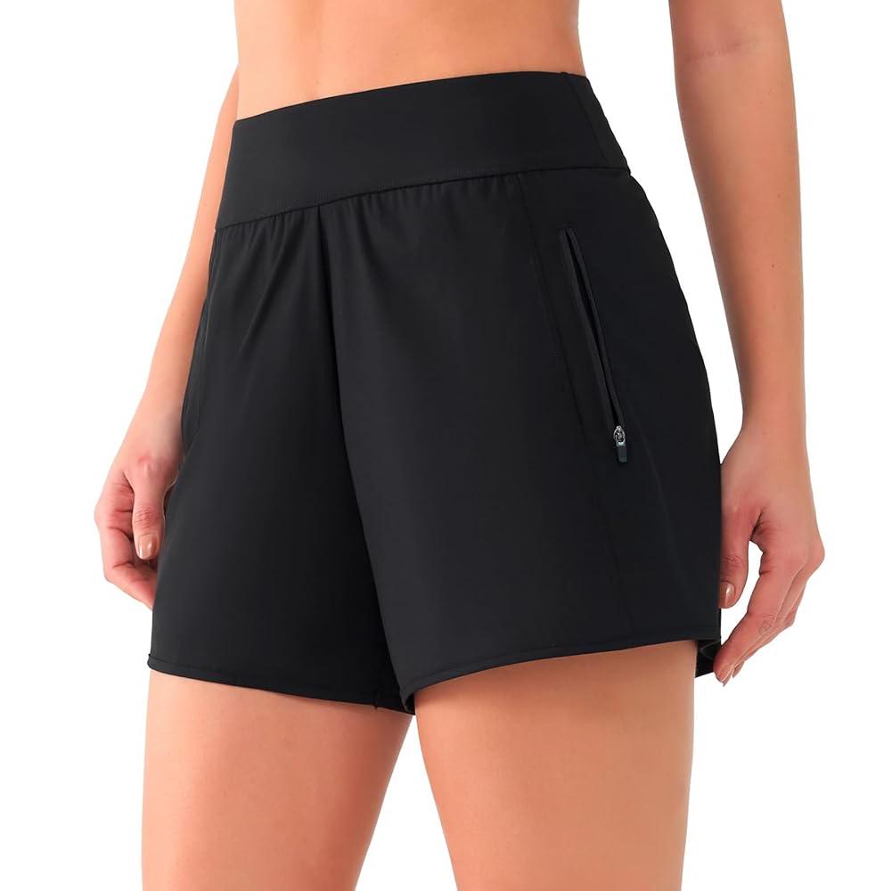 CHARMLEAKS Women's 3" High Waisted Swim Shorts with Zipper Pockets Quick Dry Board Shorts Swimsuit Bottoms Built-in Brief