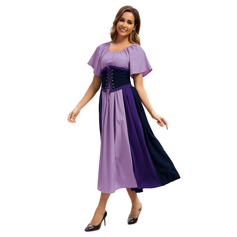 European and American New Products Medieval Retro Contrasting Color Splicing Lace-up Waist Swing Skirt Masquerade Ball Dress Dress Dress