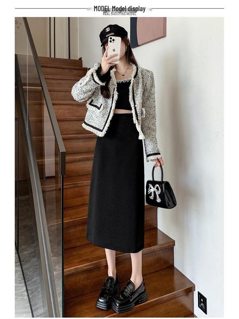 Women's 2025 Autumn Wool High-Waisted Mid-Length Pencil Skirt with Slit