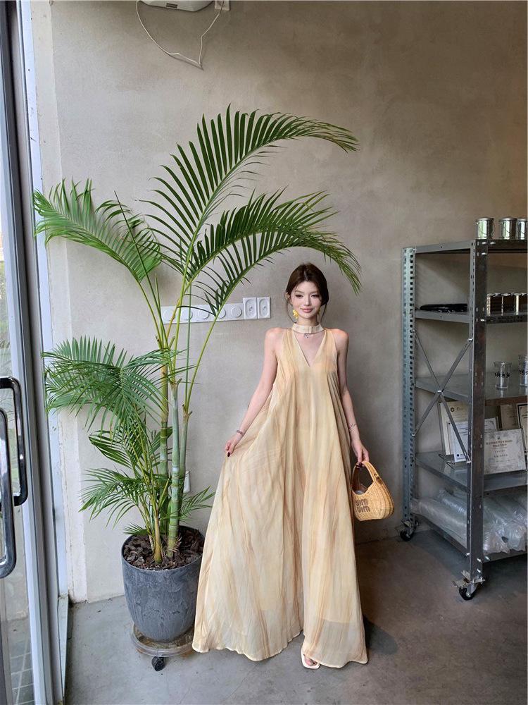 2026 French Yellow Spaghetti Strap Sleeveless Dress for Women - Summer Beach Fairy Long Dress