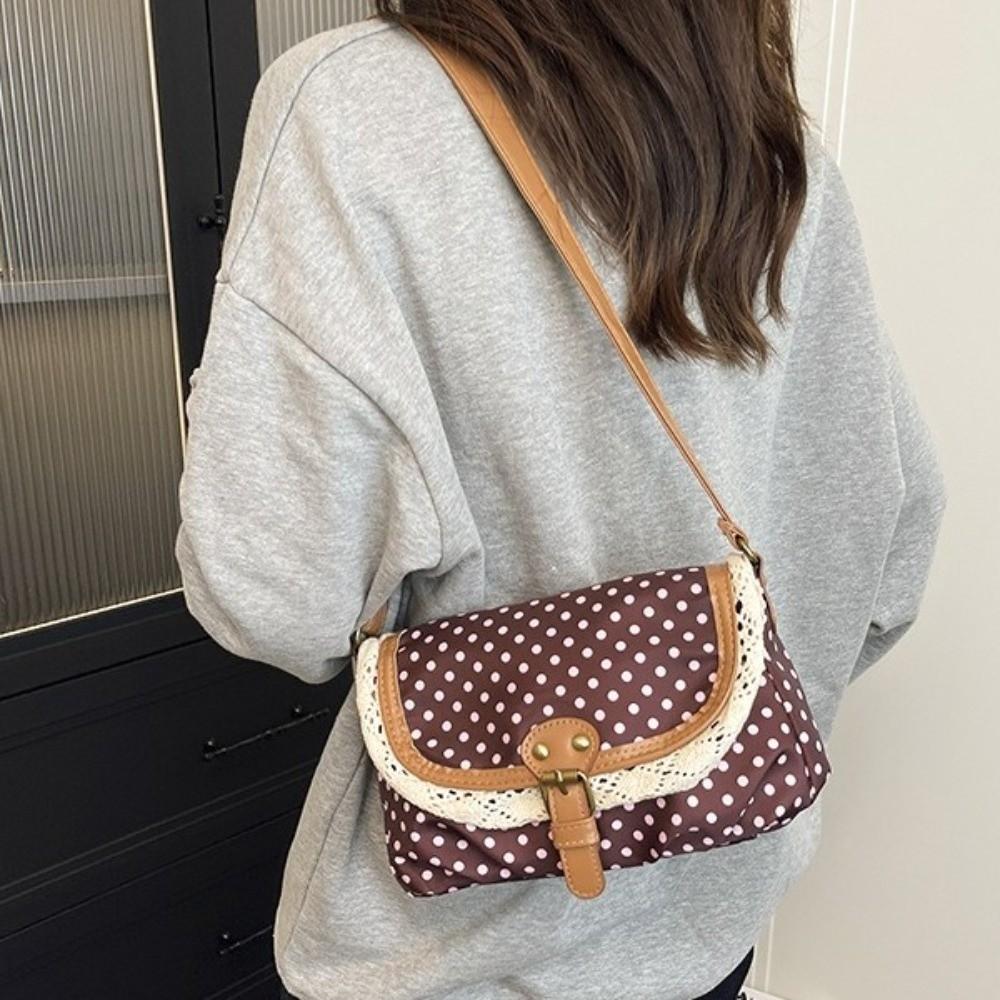 Sweet Lace Ladies Flap Crossbody Bag Polka Dots Vintage Canvas Sling Bag Daily Use
