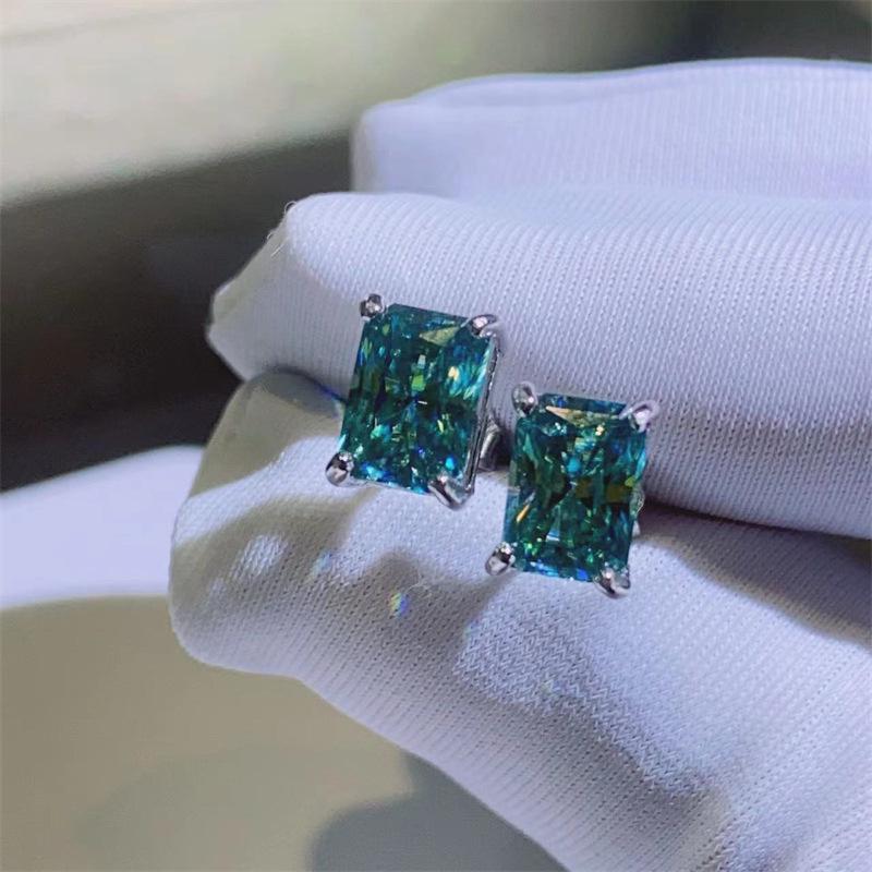 Blue-Green Radiant Cut Moissanite Stud Earrings - VVS 925 Silver Hip Hop Ear Ornaments