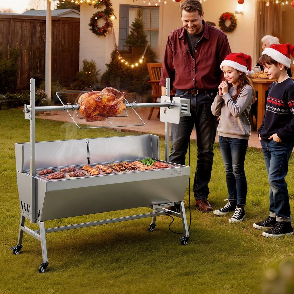 Parrilla Rotisserie, Asador de Cerdo y Cordero para Barbacoa Exterior de 38W, Asador de Carbón con Capacidad de 60 kg, Ruedas y 4 Niveles de Altura, Acero Inoxidable