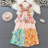 Fashion celebrity temperament flying sleeves V-neck waist thin medium and long A-word printed dress seaside vacation dress
