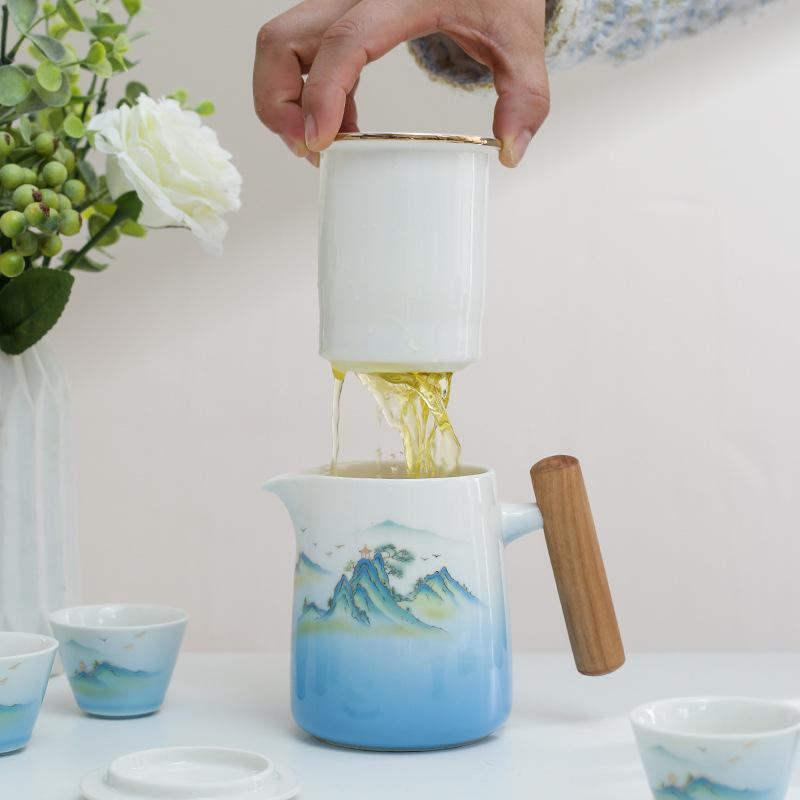 Qianli Jiangshan Ceramic Portable Travel Tea Set Portable Outdoor Express One Pot Four Cups Brewing Teapot Guochao Gifts
