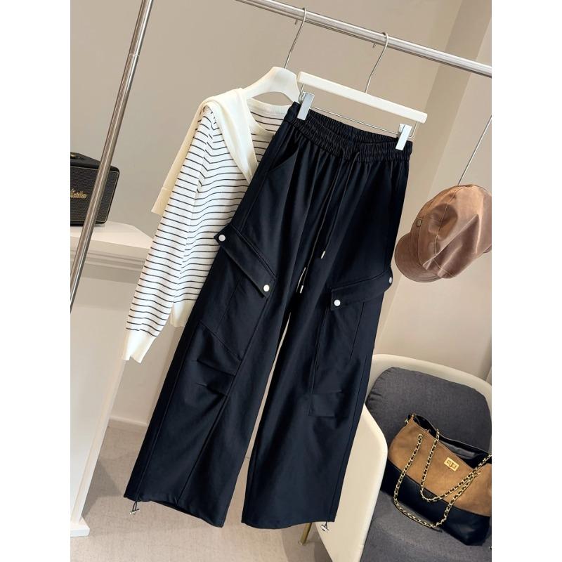 

Drawstring high waist wide leg scimitar overalls women s autumn and winter new leisure sports outdoor mountaineering pants tide M чёрный