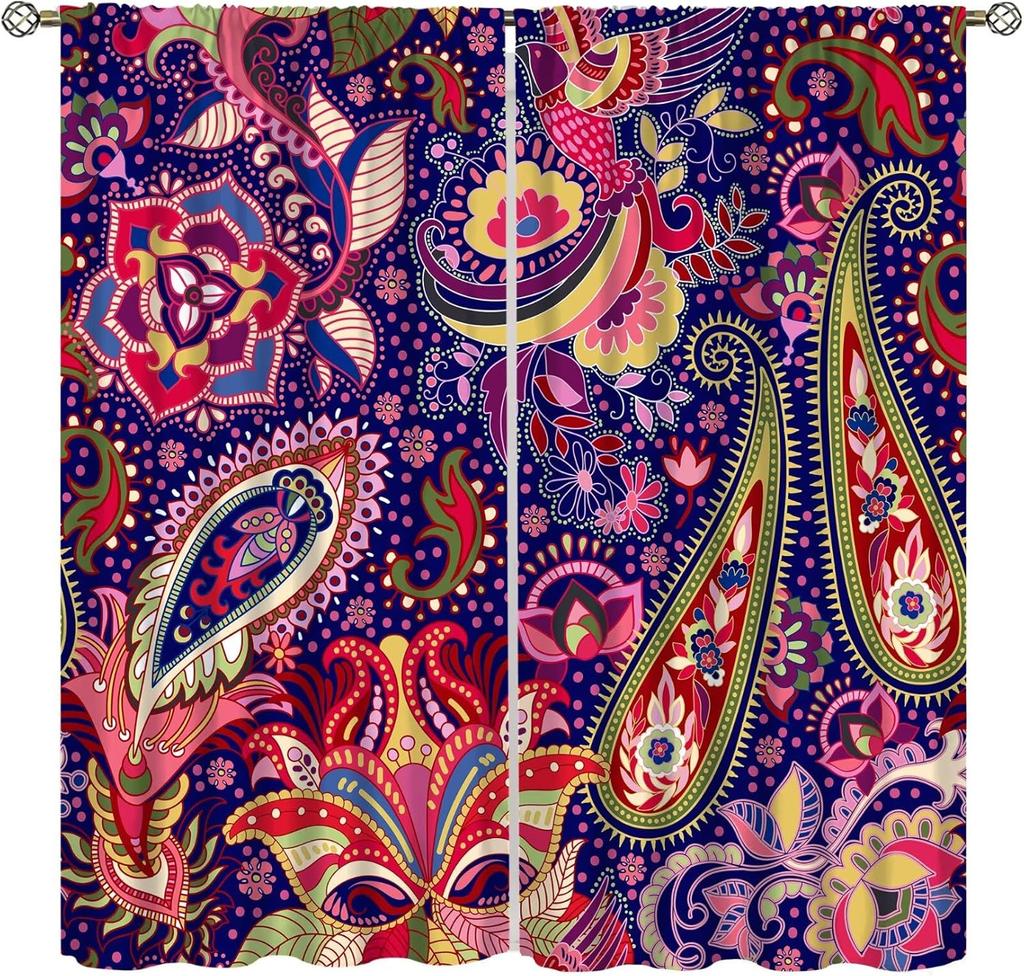 Insulated Colorful Floral Curtains Vintage Tribal Ethnic Abstract Paisley Mandala Pattern Print Bedroom Curtain Boho Polyester Washable Sleeping Area