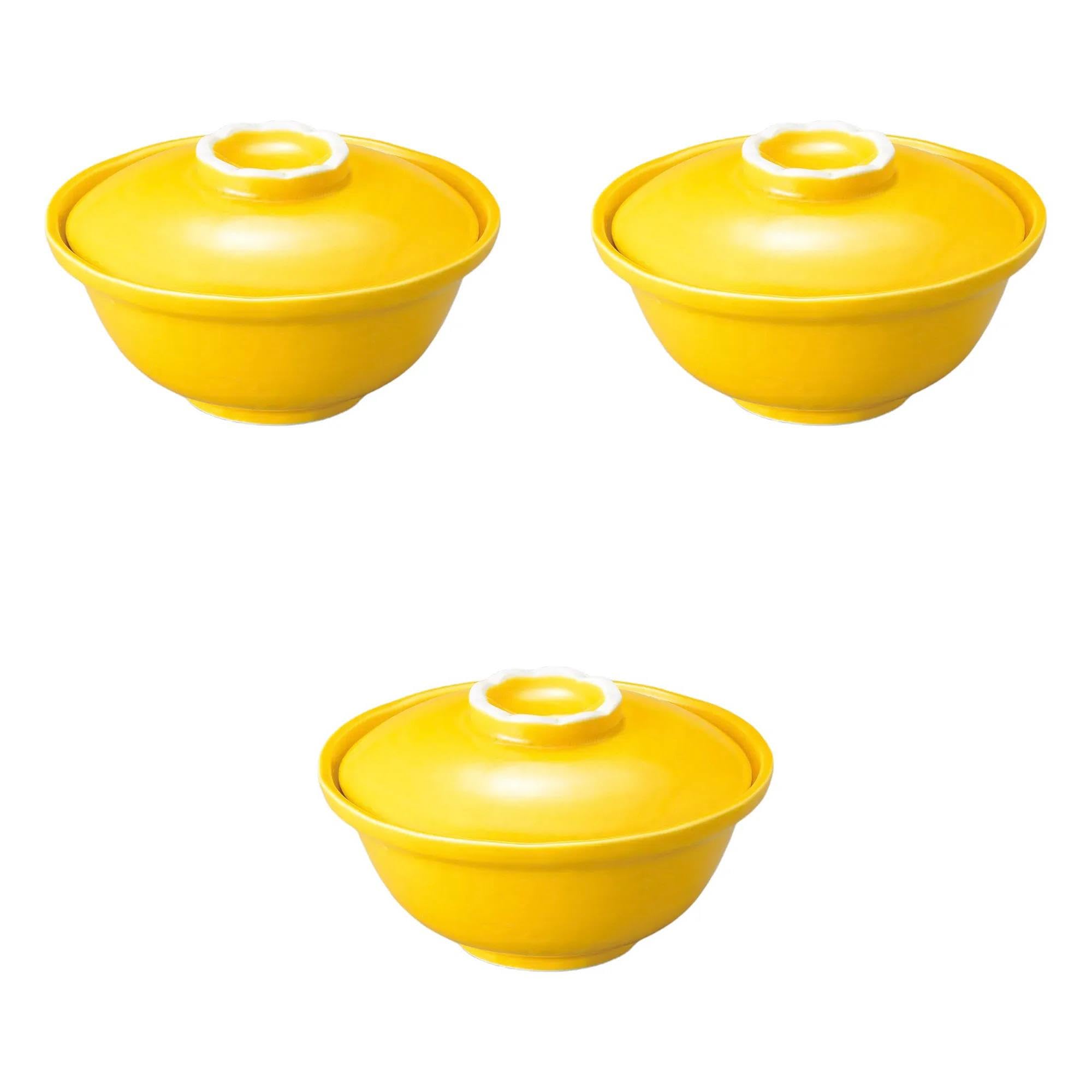 

Набор из 3 желтых глазурованных мисок с крышками x тушеная еда Арита Сэтомонохонпо [13.6 7.8 см] Миски, Посуда,