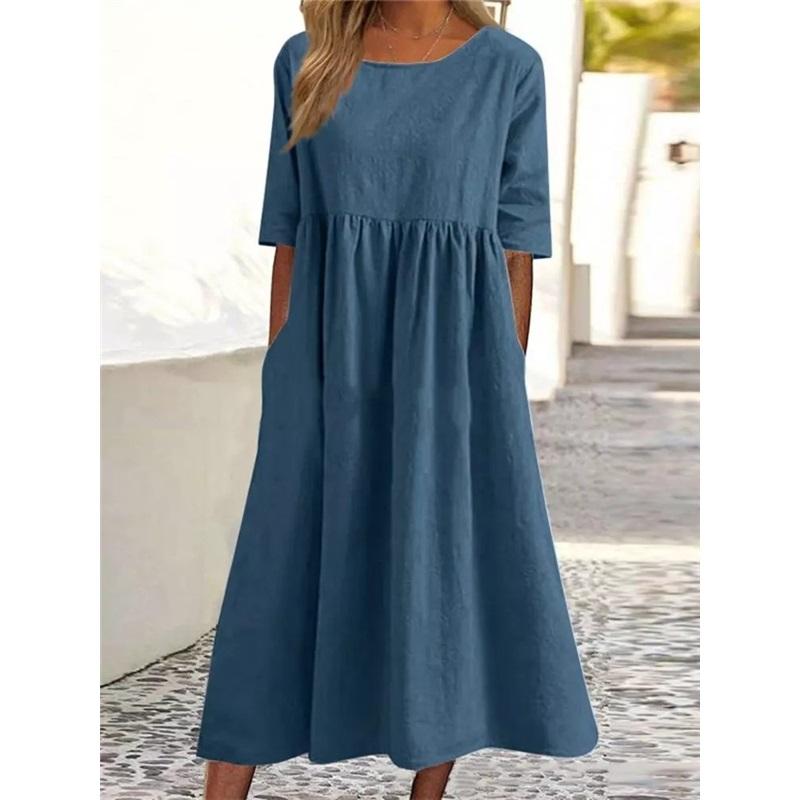 Abito Casual da Donna Estivo Nuovo Stile Girocollo Manica a 5 Punti Taglia Larga Lungo Monocolore Cotone e Lino