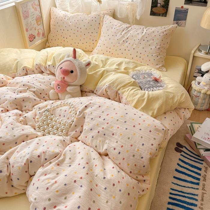Class A soft waxy washed cotton four-piece bedding cute small fresh quilt cover bed sheet student dormitory bed hat model