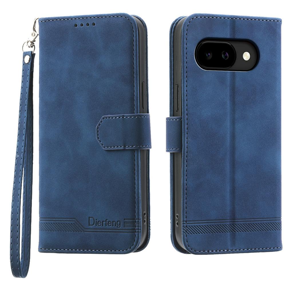 DIERFENG DF-03 For Google Pixel 10a Case Lines Imprint Wallet Leather Phone Cover with Wrist Strap