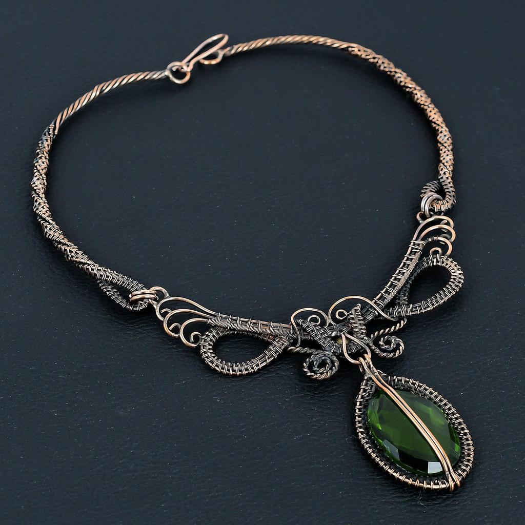 Peridot Handmade Gemstone Necklace, 999 Copper Wire Wrapped Necklace Antique Jewelry, For Engagement Gift