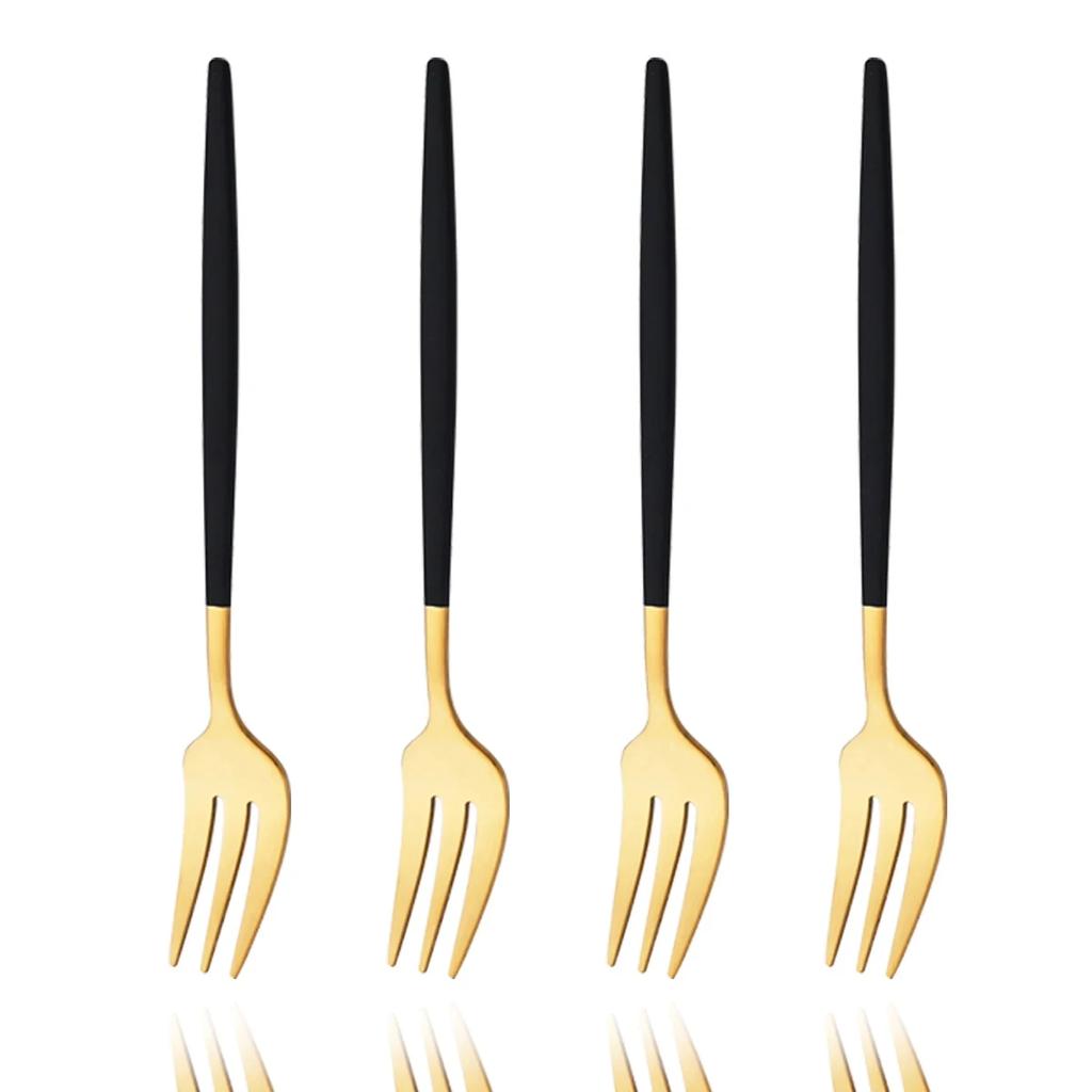 4Pcs Stainless Steel Tea Forks Black Gold Cake Fork Snack Salad Coffee Fruit Fork Mirror Cutlery Tableware Set Kitchen Utensils