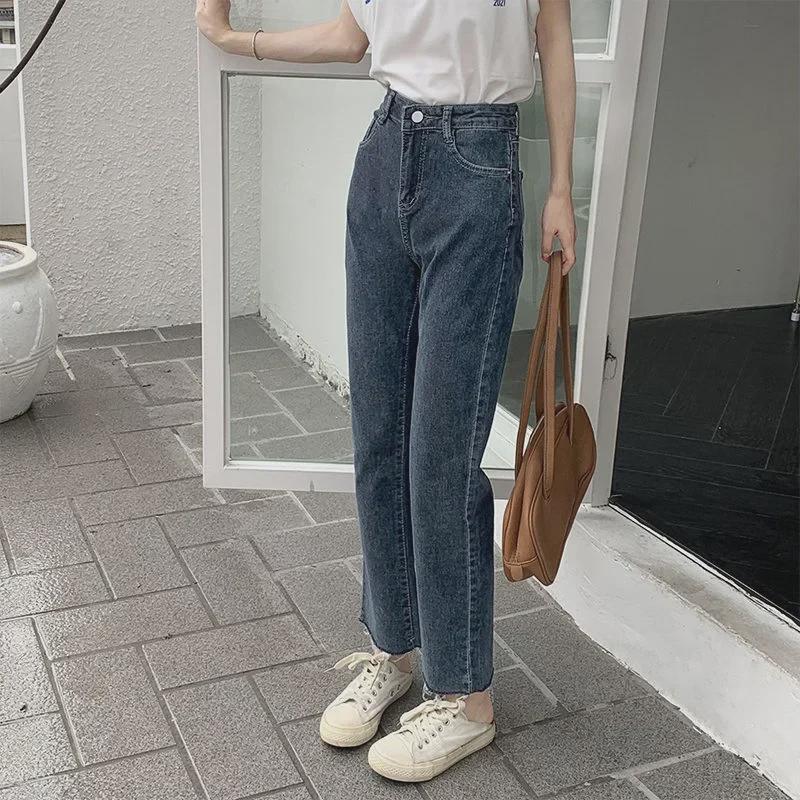 Blue-Gray High-Waist Slim Straight Jeans for Women - Autumn/Winter Elastic Raw Edge Cigarette Pants (Small Size)