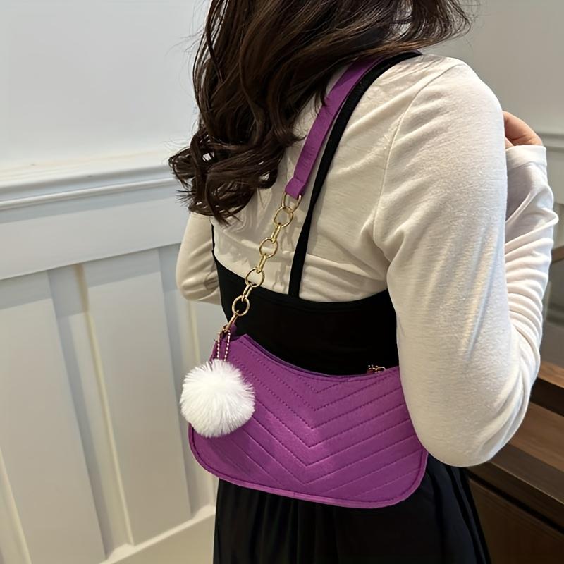 Women S Chic Shoulder Bag with Pom-Pom Charm - Stylish Quilted Pink Handbag, Fixed Strap, Zip Closure, Polyester Lined