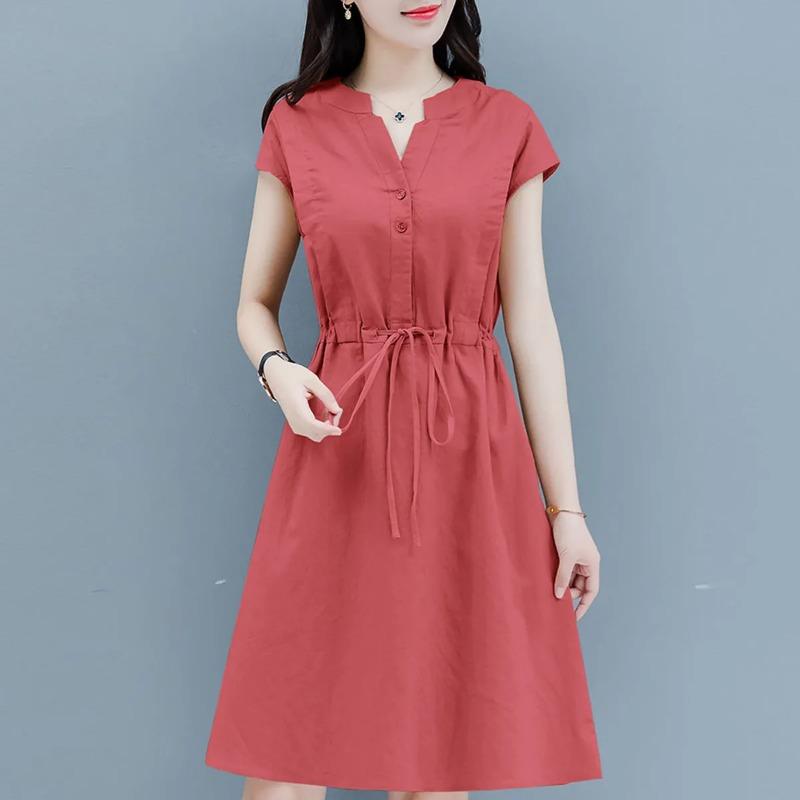 Women's Summer V Neck Cap Sleeve Drawstring Waist Cotton A Line Midi