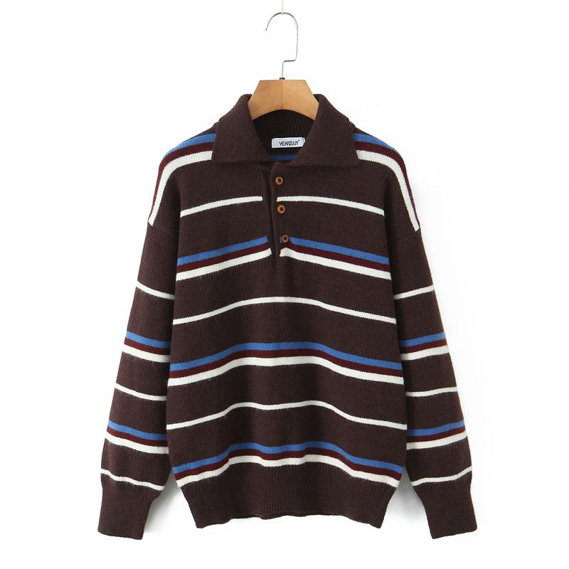 Autumn and Winter New Arrivals Women's Clothing Zr European and American Style Fashionable Loose Striped Color-Block Long-Sleeve Polo Collar Knitwear