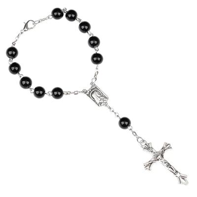 8MM Rosenkranz Kreuz Anhänger Armband Für Frauen Männer Religiös Schwarze Glasperlen Kette Armreif Katholizismus Gebets Schmuck