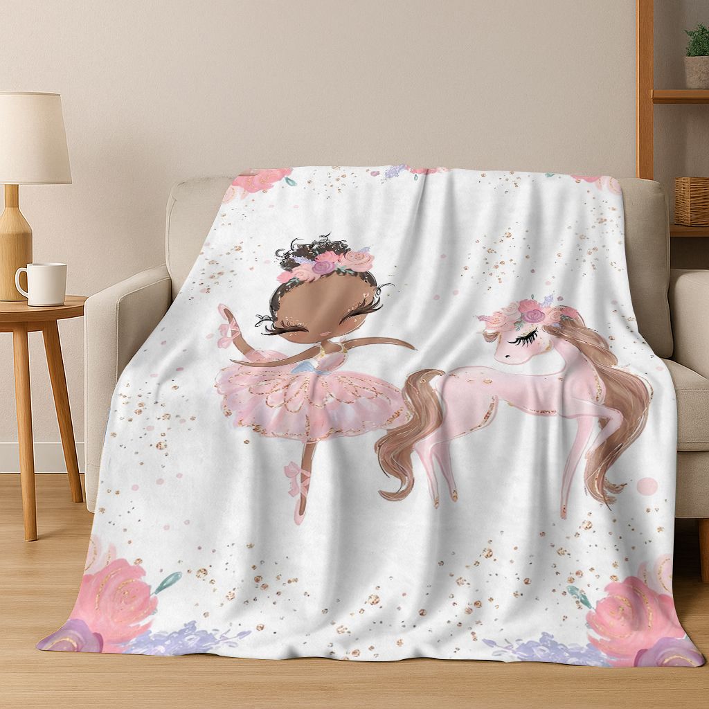 Elegant Ballet Dacing Girl Ballerina Cartoon Flannel Blanket,Cozy Soft Throw Blanket for Home Bedroom Bed Sofa Cover Gift Kids