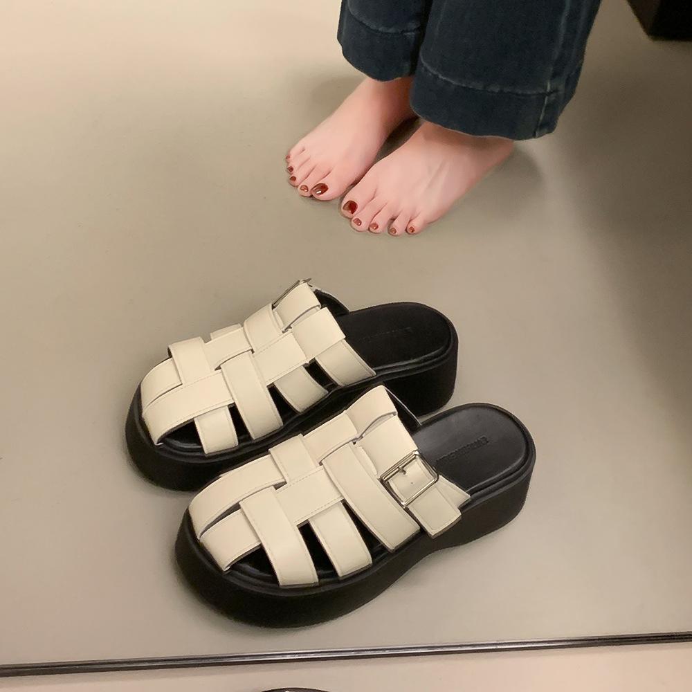 Baotou half slippers women's summer wear new retro woven hollow thick-soled cold slippers