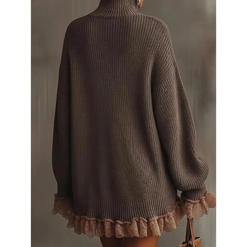 Autumn Winter Turtleneck Simple Sweater Dress Women Casual Patchwork Mini Dress Long Petal Sleeve Sweet Ladies Dress