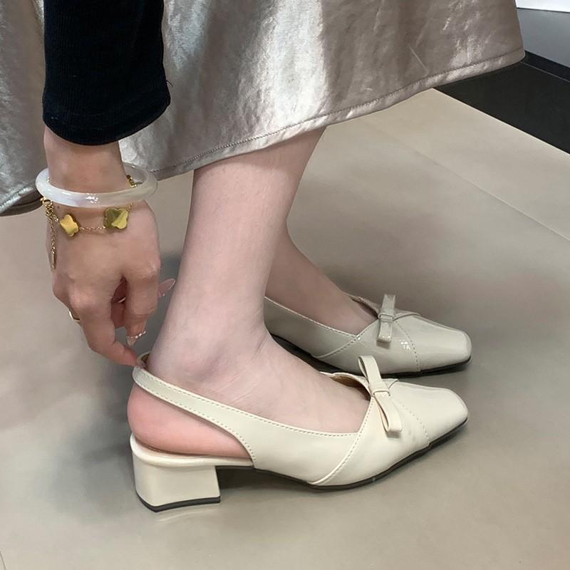 Square head bow thick heel bag head sandals women's shallow mouth rear empty single shoes