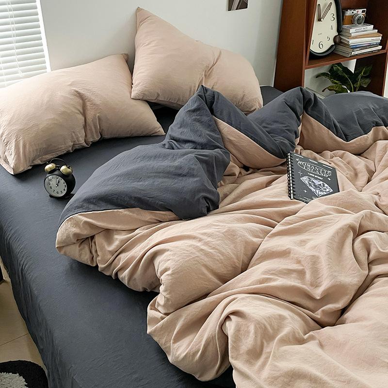 Super Soft Bed 4Pcs Set, Pure Washed Cotton Quilt Cover, Bed Sheet Full Quilt Cover, Bed Hat Student Three 4-Piece Set