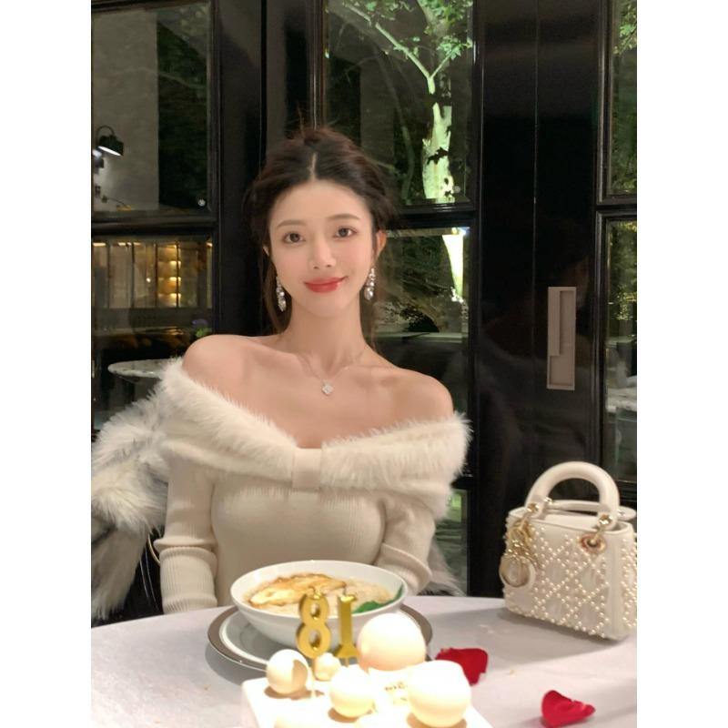 

Платье вязаное с открытыми плечами белое женское осенне-зимнее темпераментное платье для помолвки рождественская одежда платье на день рождения XL белый