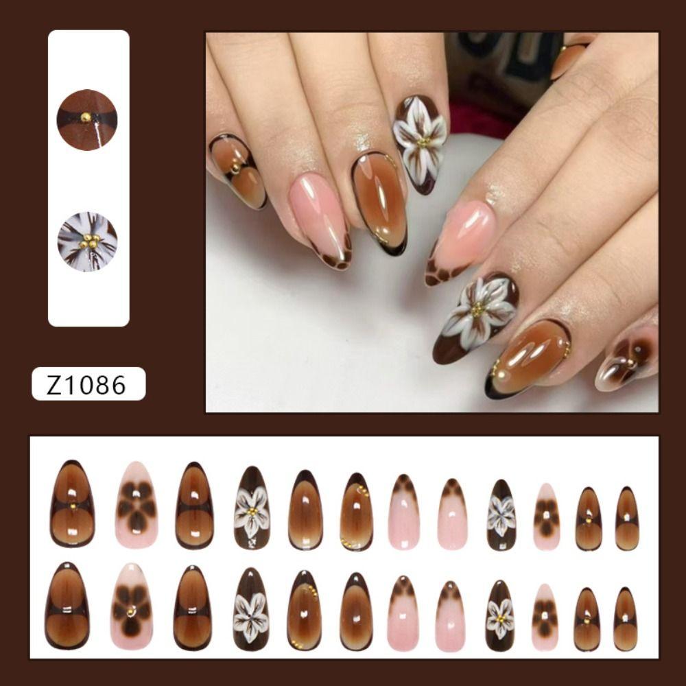 24pcs Manicure Long Almond False Nails Aurora Wave Bow Pearl Press On Nails Detachable Flower Starburst Fake Nials DIY