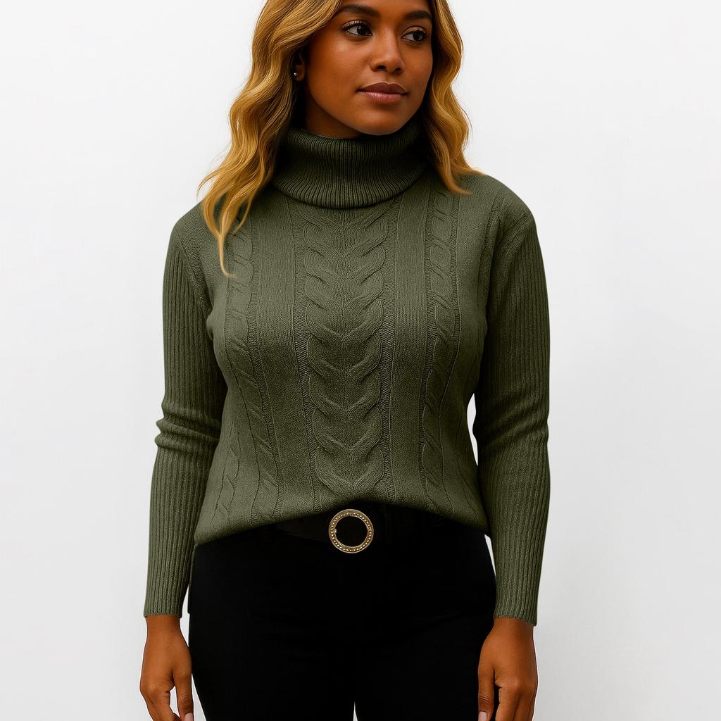 Women's Fashionable Solid Color High Neck Long Sleeved Sweater Pullover Sweater Top