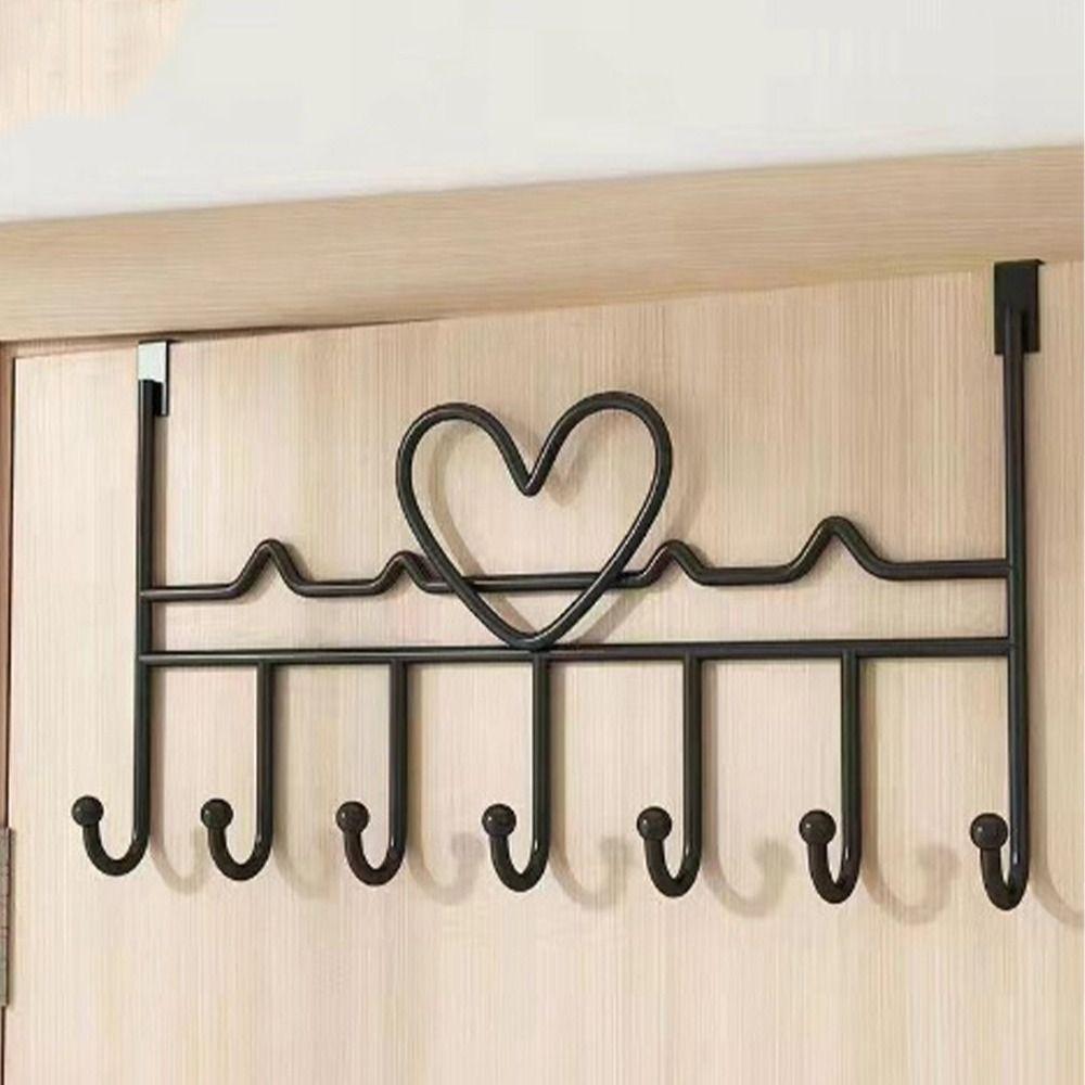 Metal Over Door Hanger 7 Hook Punch-free Heart-Shaped Hooks Anti-Rust Creative Clothes Hanger Towels Clothing Hats